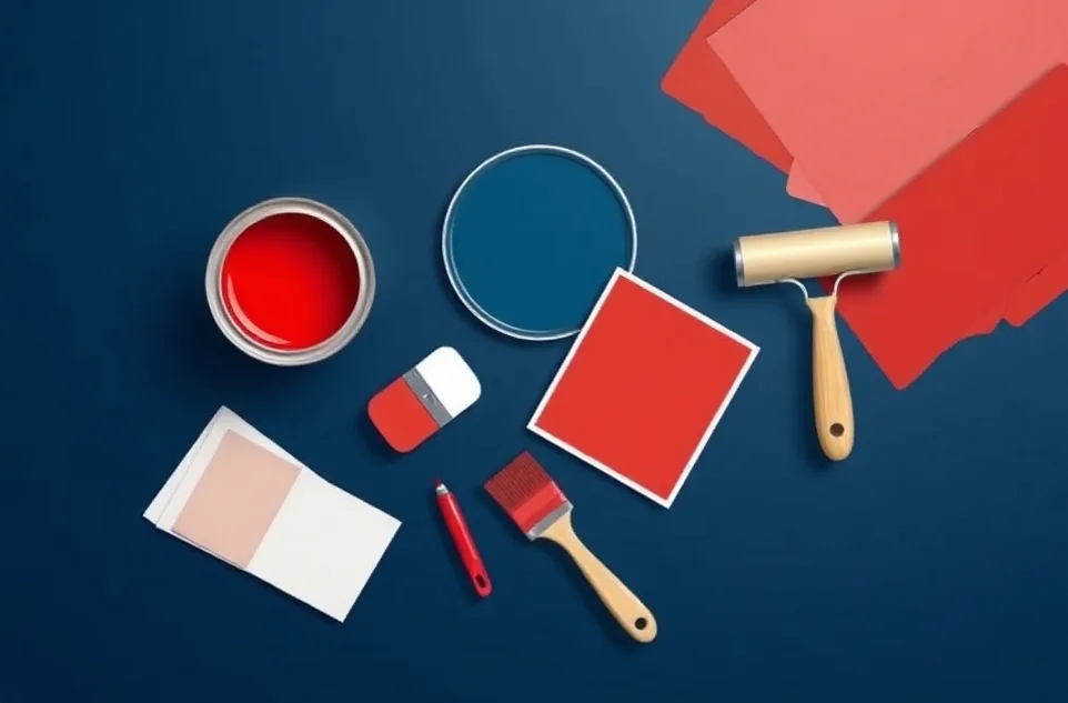 Pots de peinture, nuancier, brosses et rouleaux disposés à plat