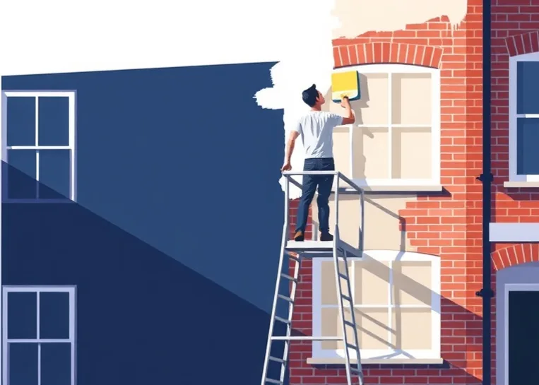 Peintre sur échafaudage traitant la façade d'une maison
